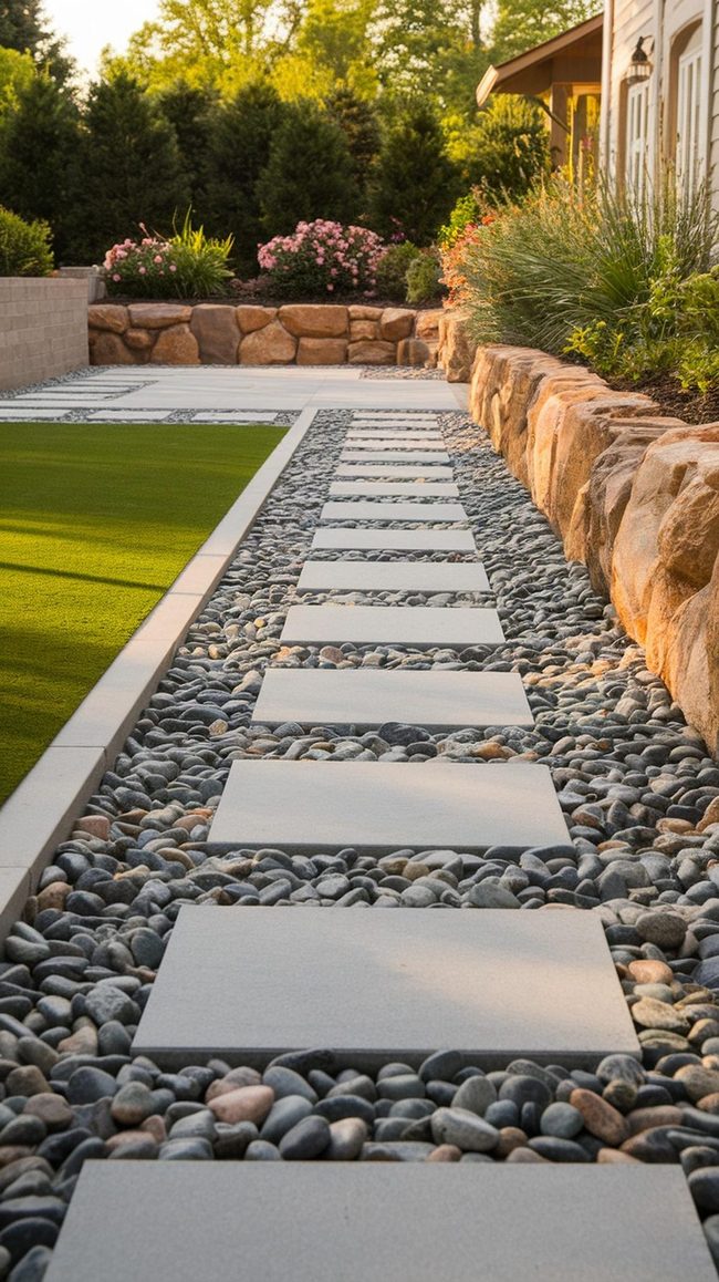 Stone And Synthetic Grass Low-Maintenance Yard