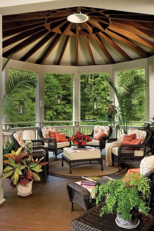 Sunlit Wooden Pavilion Among Gardens