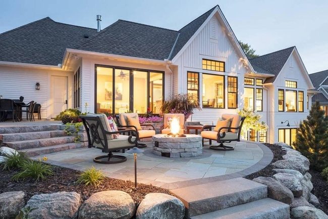 Tiered Concrete Patios With Fire Gathering