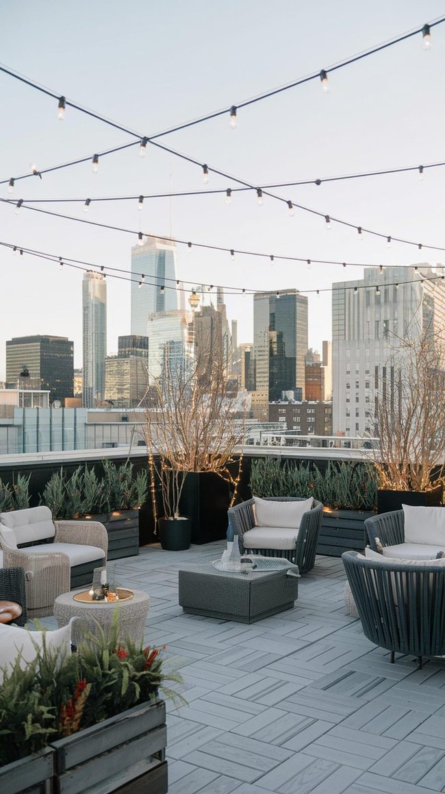 Rooftop String Lights Urban Skyline