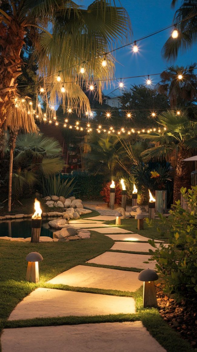 Layered Tropical Backyard Lighting