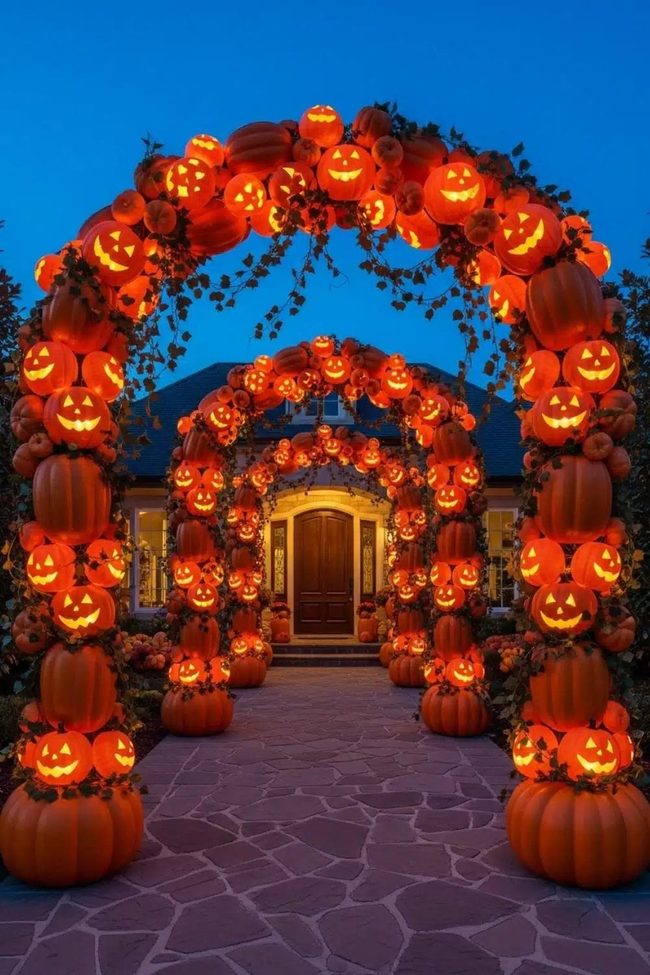Glowing Pumpkins Frame Halloween Entrance