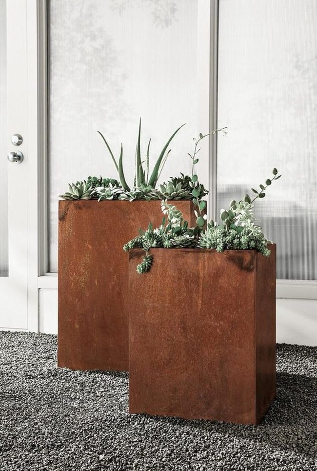 Rust Metal Planters With Living Green
