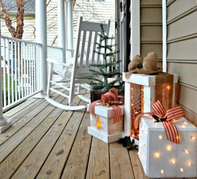 White Rocker, Red Gift Boxes, Pine