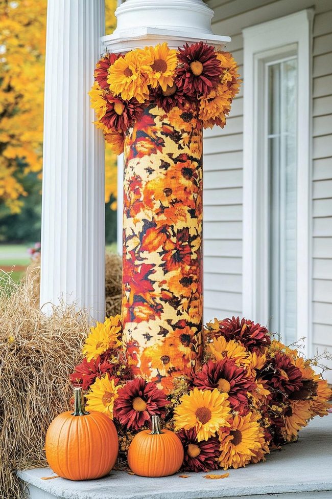 Orange Mums Cascade Porch Columns