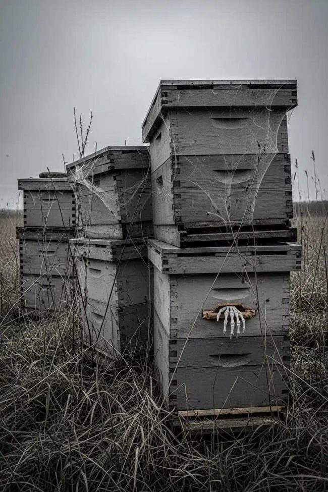 Grey Wooden Beehives With Spiderweb