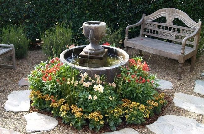 Fountain Bench Flowers Front Yard