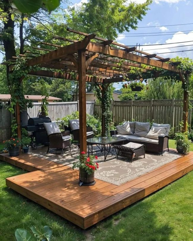 Vine-Covered Pergola With Lantern Lighting