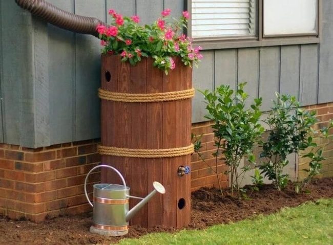 Flowers And Rain Barrel Garden