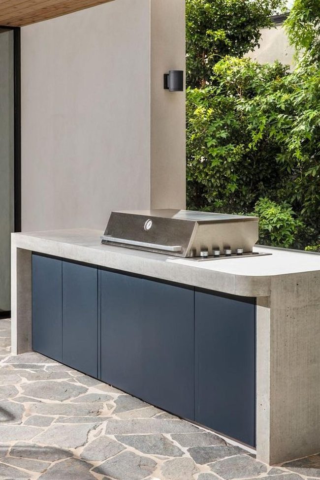 Dark Blue Cabinets, Concrete Counters