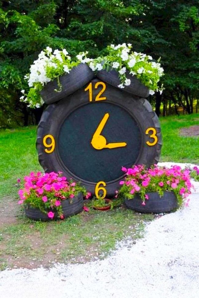 Clock Face Tire Planter Pink Petunias
