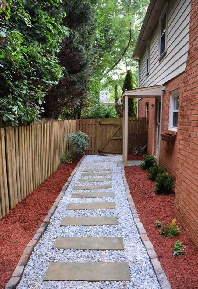 White Stone Path, Red Mulch Garden