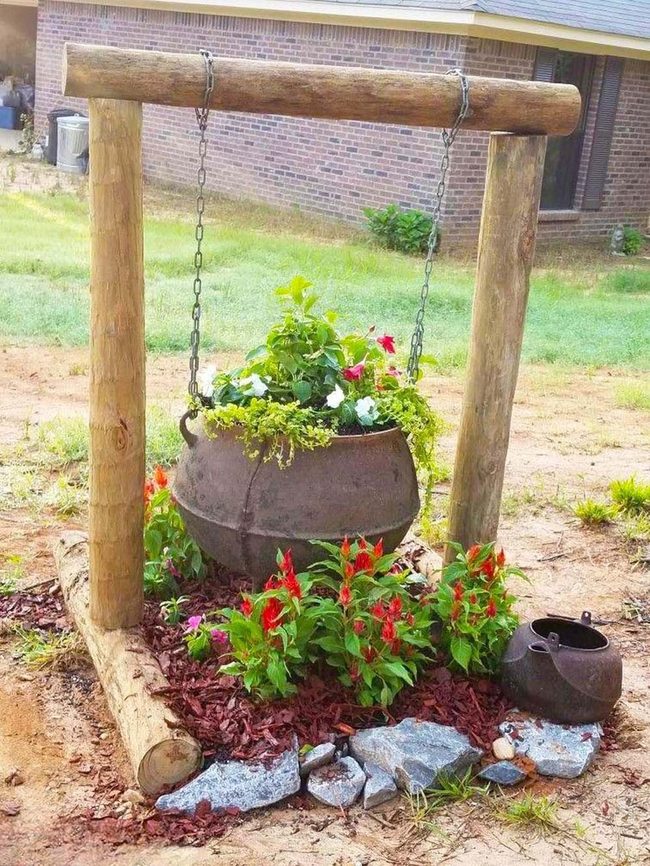 Iron Cauldron Planter With Red Flowers