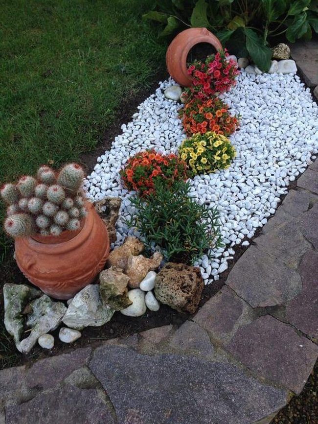 White Gravel Garden With Flowers
