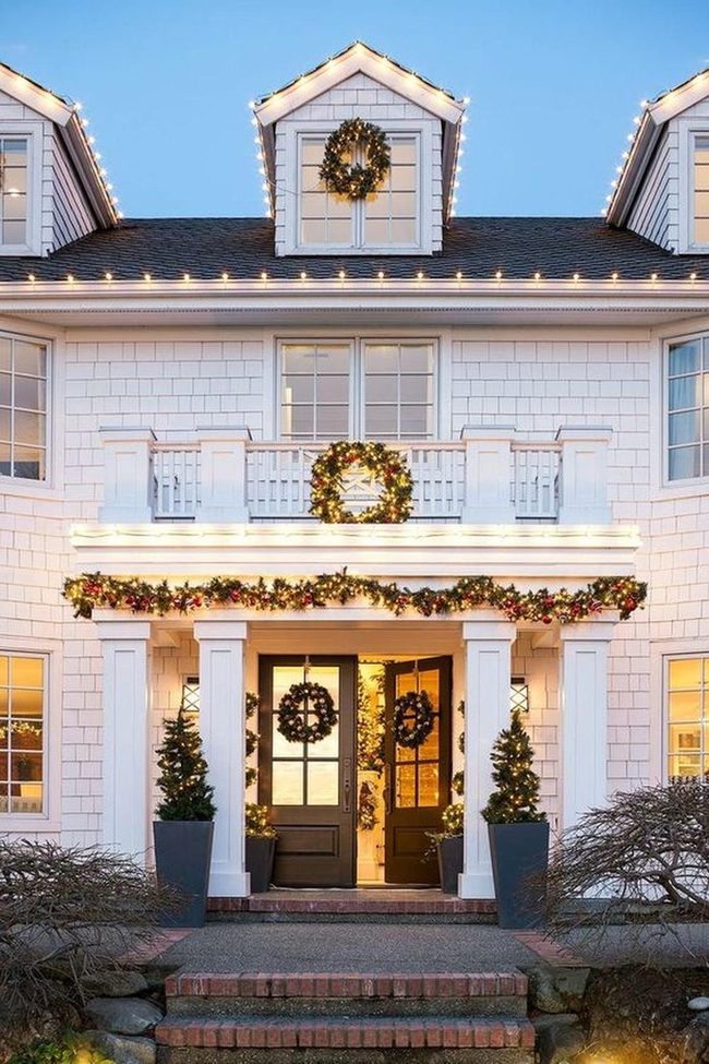 White House With Glowing String Lights