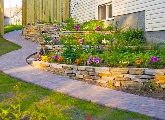 Curved Stone Terraces With Cascading Plants