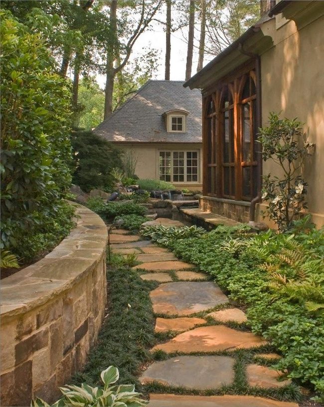 Irregular Stone Path Through Blooming Garden