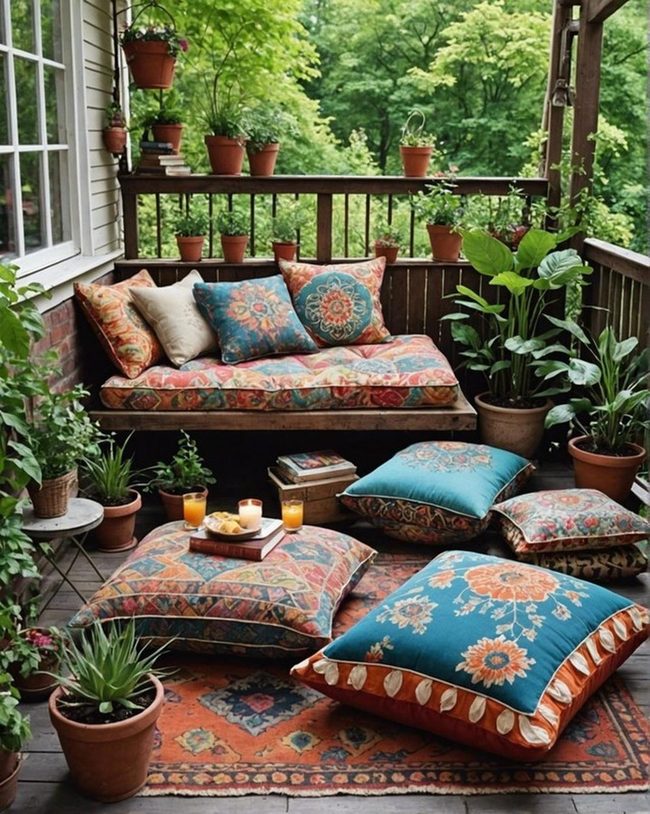 Bohemian Patio Floor Cushions and Books