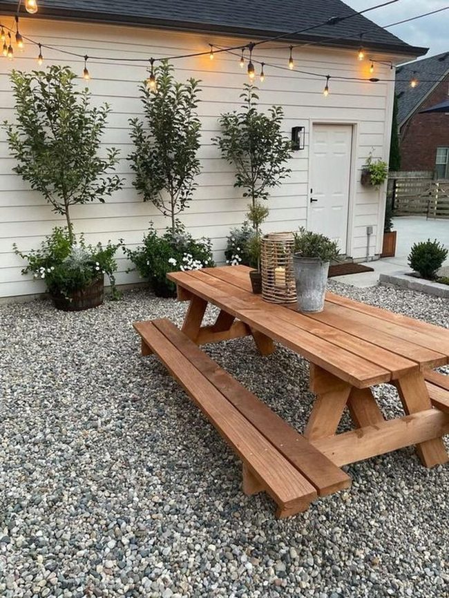 Wooden Table Under String Lights