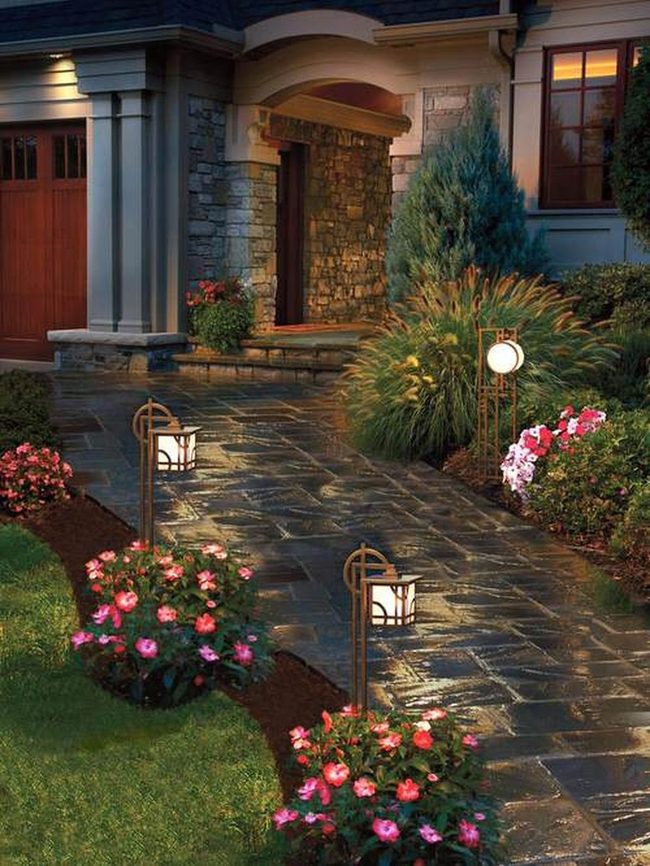 Golden Bulbs Among Blooming Flowers