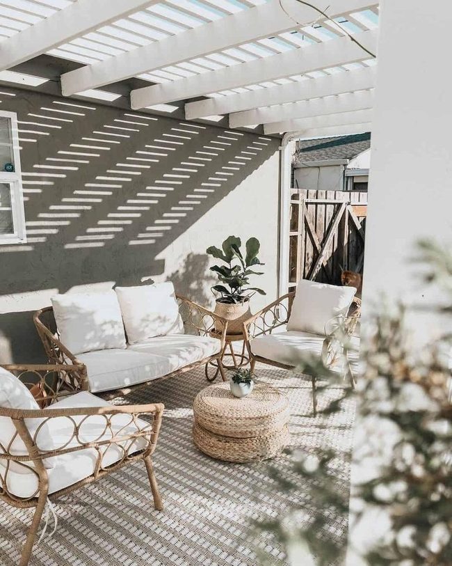 Woven Rattan Seating Under Slatted Shade