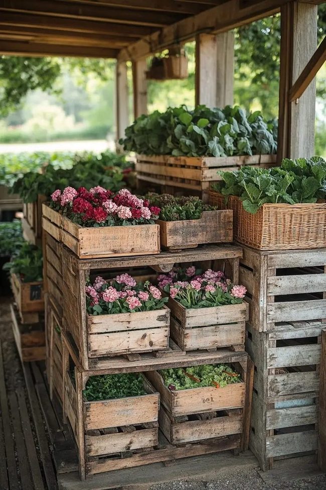 Overflowing Wooden Crates Bursting Blooms