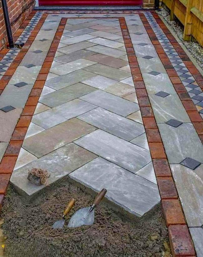 Slate Herringbone With Red Brick Borders