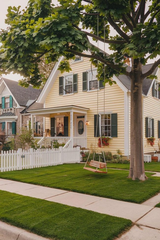 Sunny Yellow House with Picket Fence