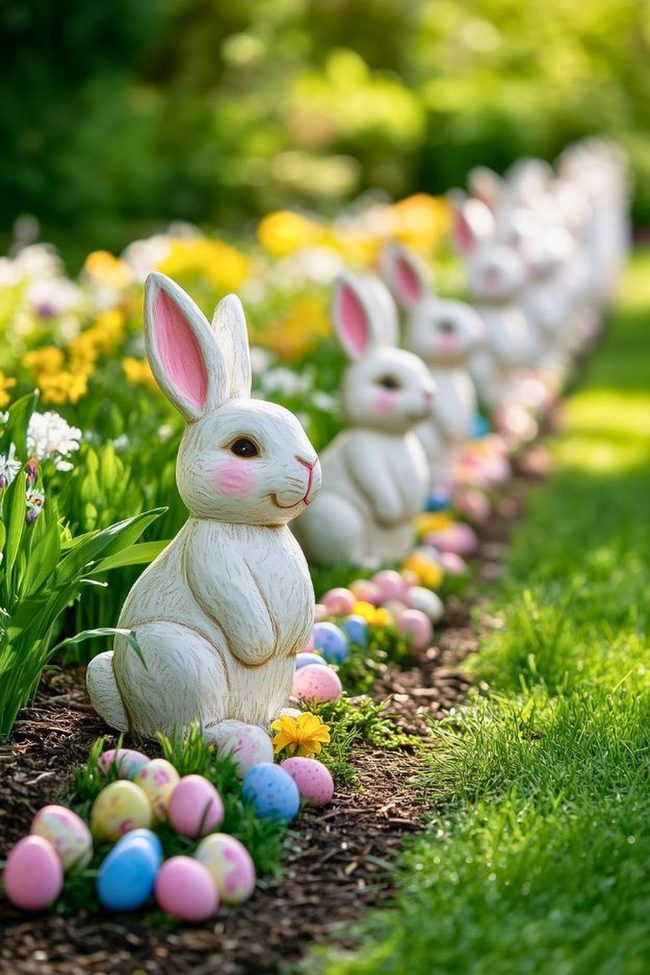 Pastel Spring Yard With White Bunnies