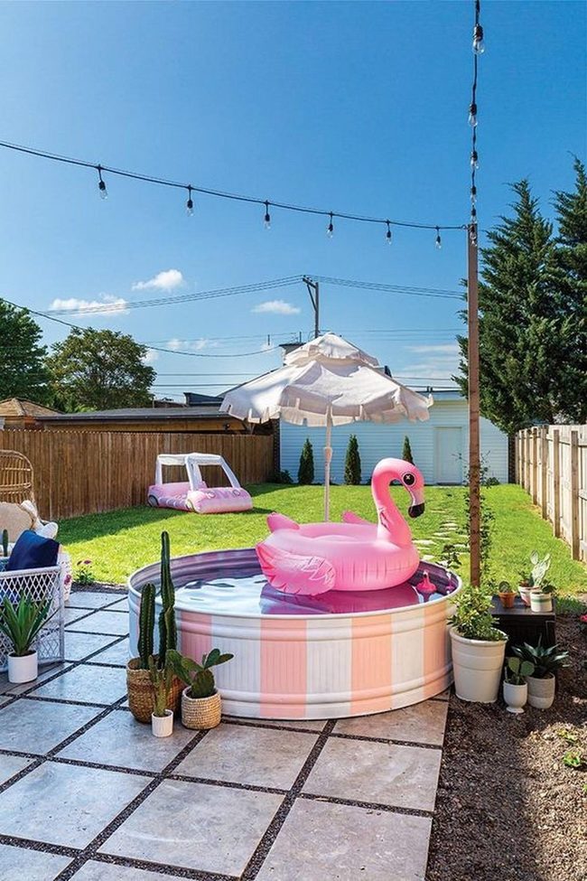 Pink Striped Pool With Flamingo Float