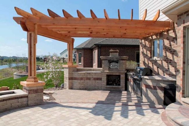 Wooden Pergola With Stone Elegance