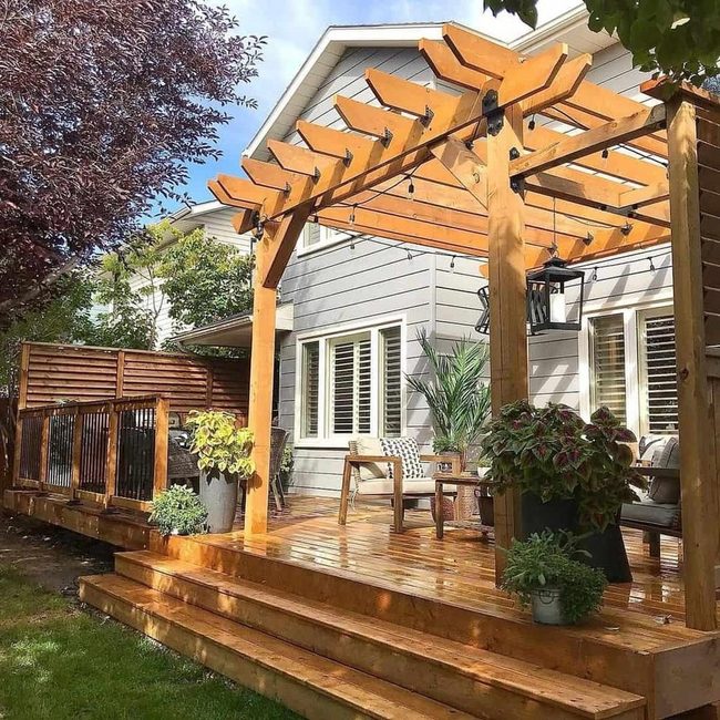 Stained Wood Deck With Evening Lights