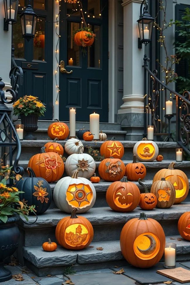 Intricate Carved Pumpkins with Symmetrical Designs