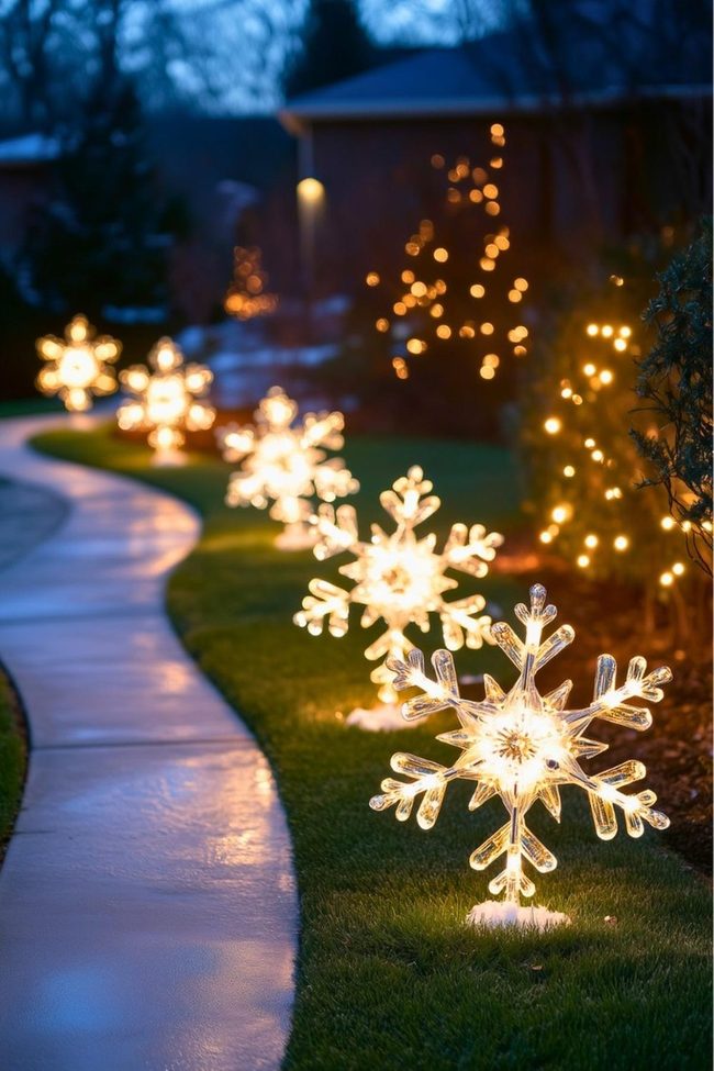 White Snowflakes Along Curved Path