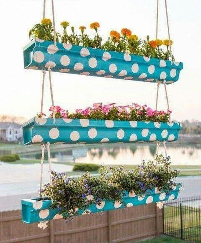 Blue Polka Planters With Cascading Blooms