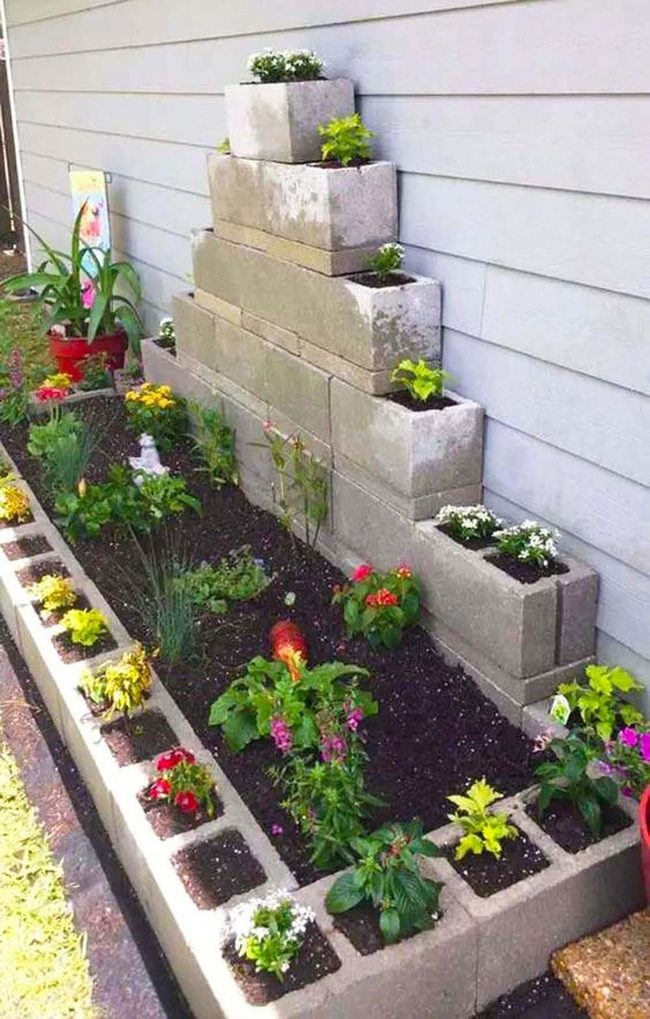 Stacked Cinder Block Flower Stairs