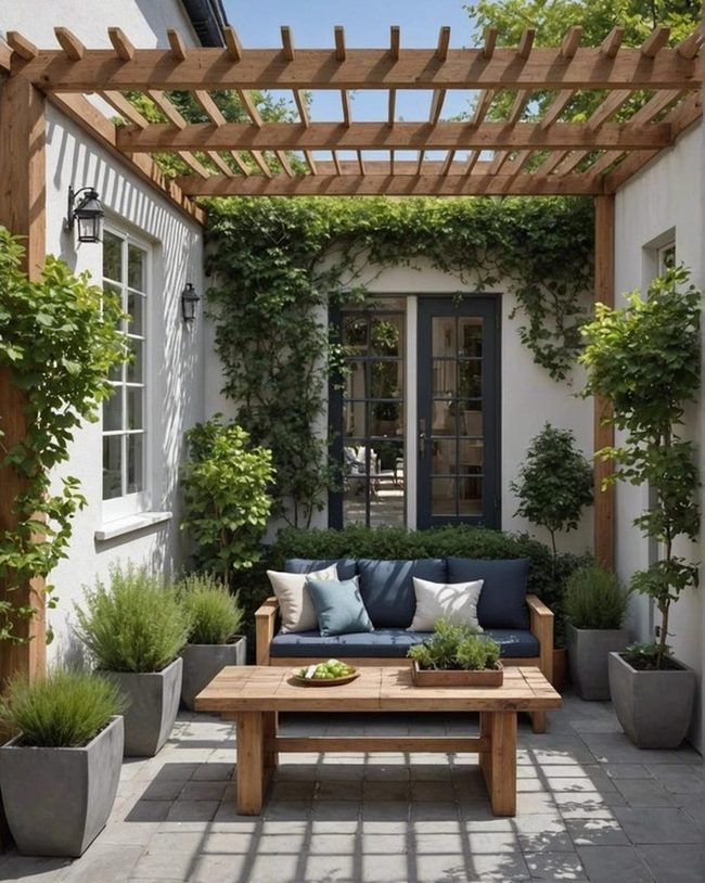 Pergola Shadows Over Garden Bench