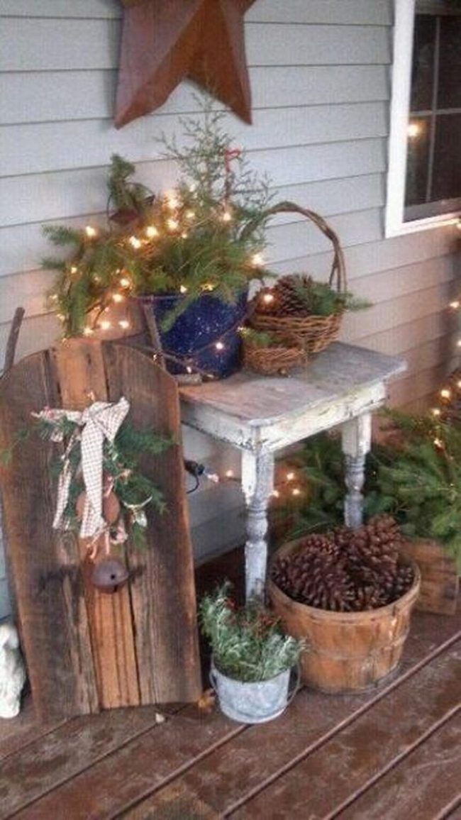 Weathered Wood Porch With Evergreen