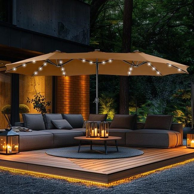 Gray Lounge Under String Lights