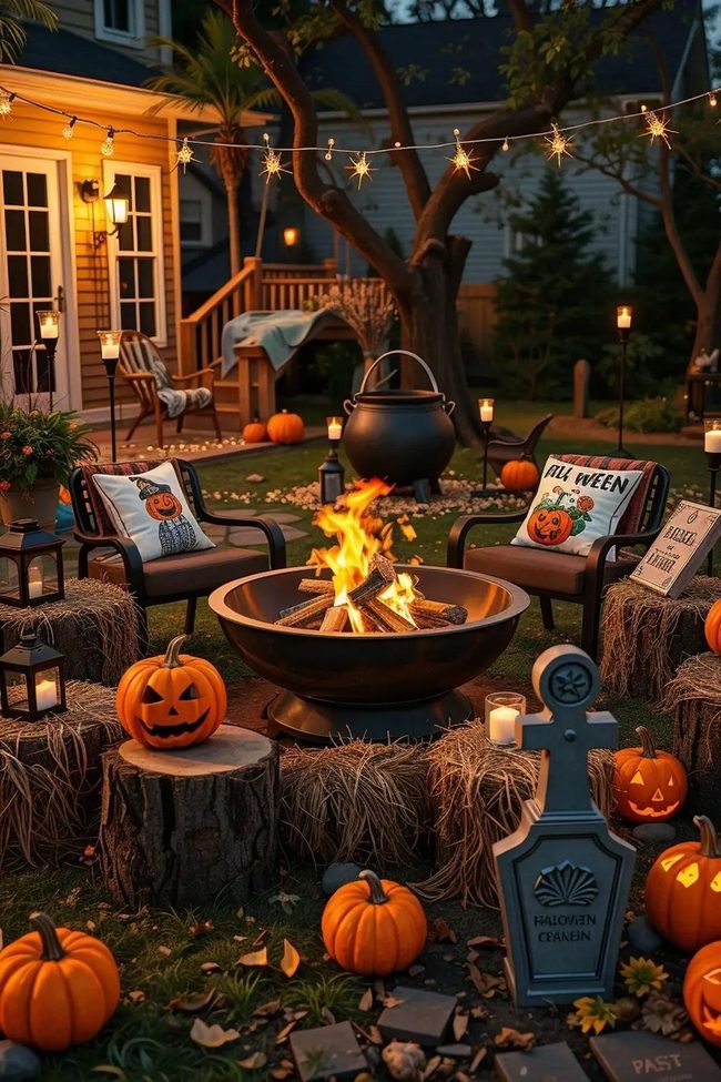 Glowing Pumpkins Around Firepit