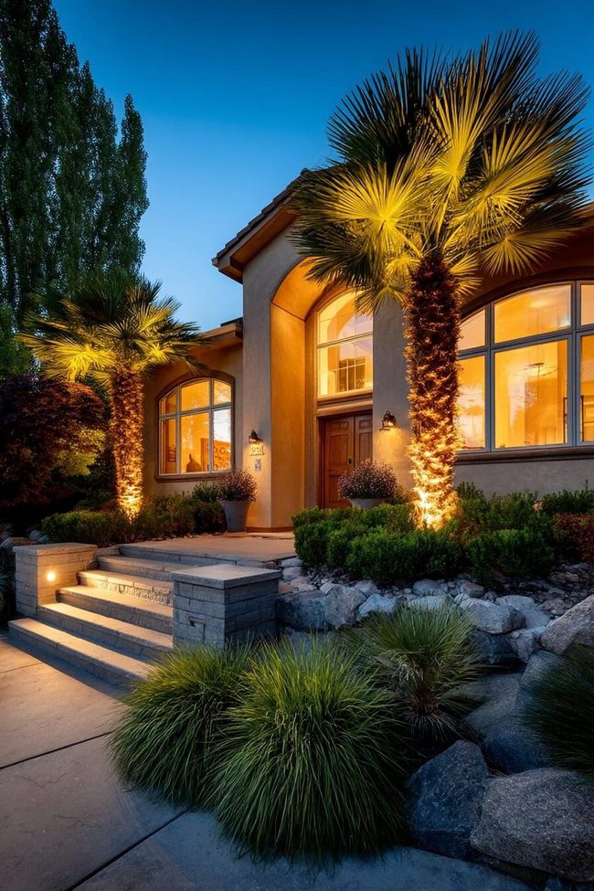 Nighttime Yard Shadows And Uplighting