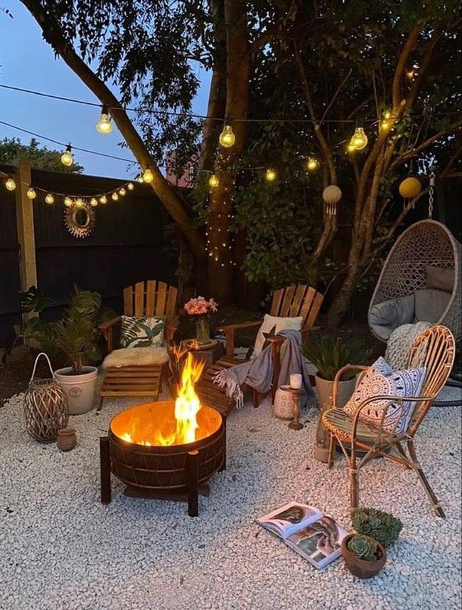 Woven Chair Under String Lights