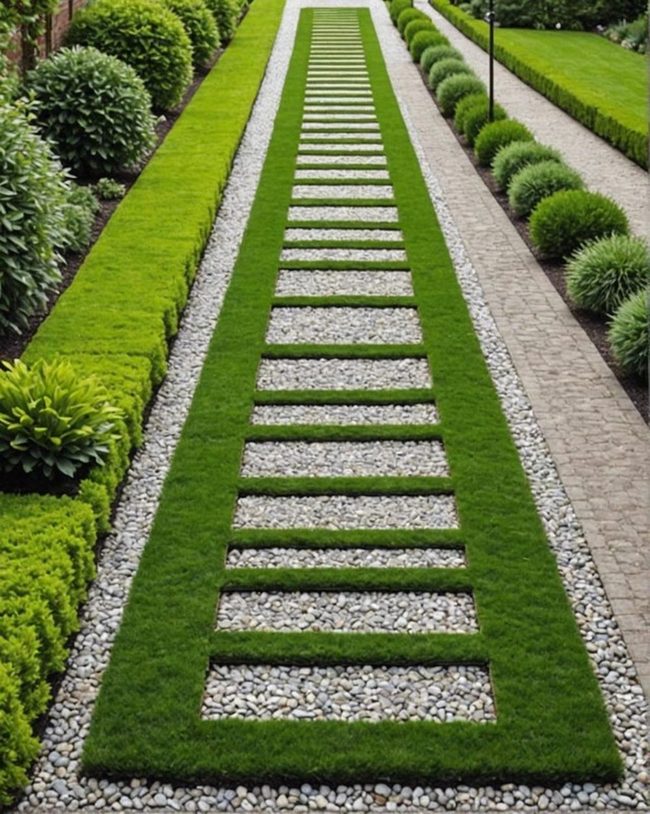 Gravel Walkway Between Green Borders