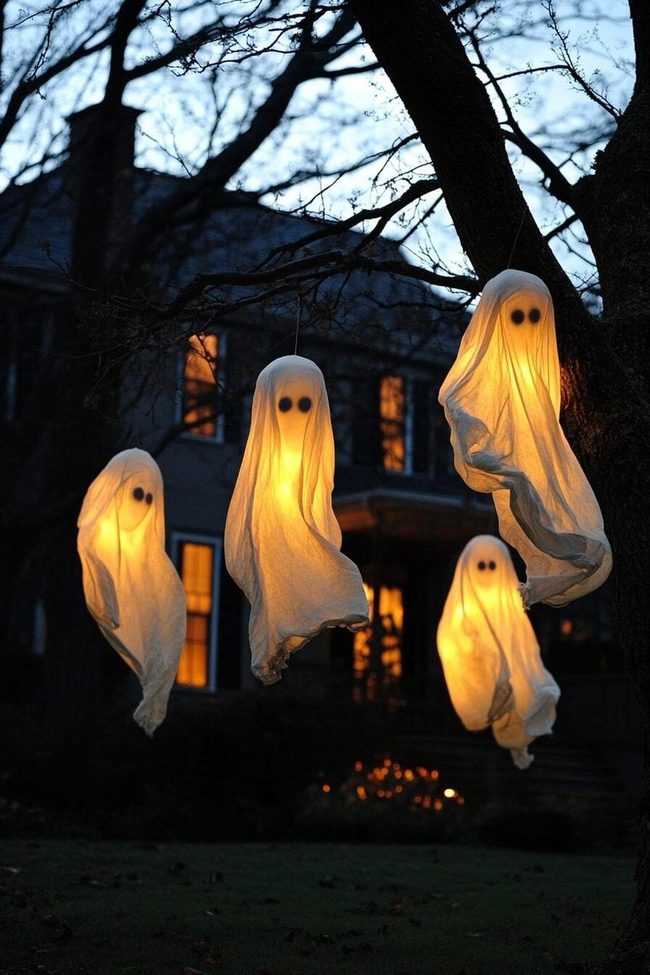 Glowing White Ghost Figures Night