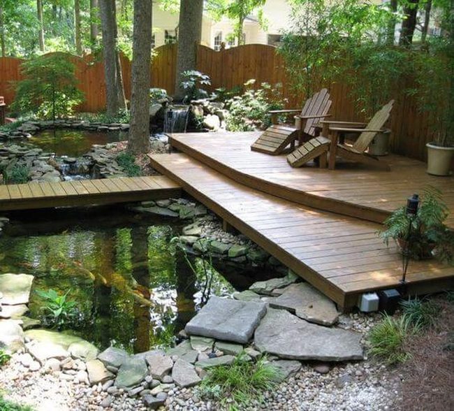 Garden Pond With Wooden Pathways