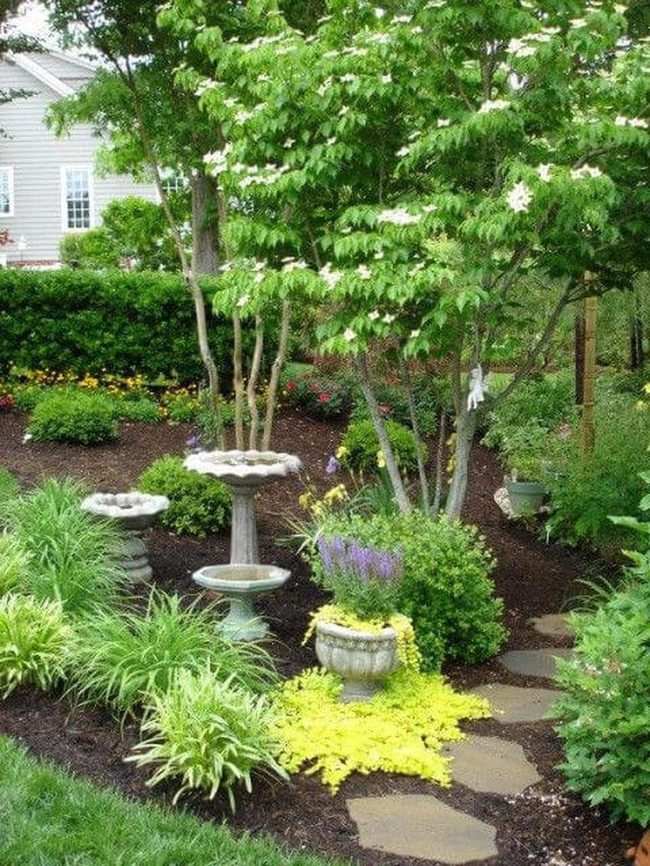 Green Garden With Stone Birdbaths