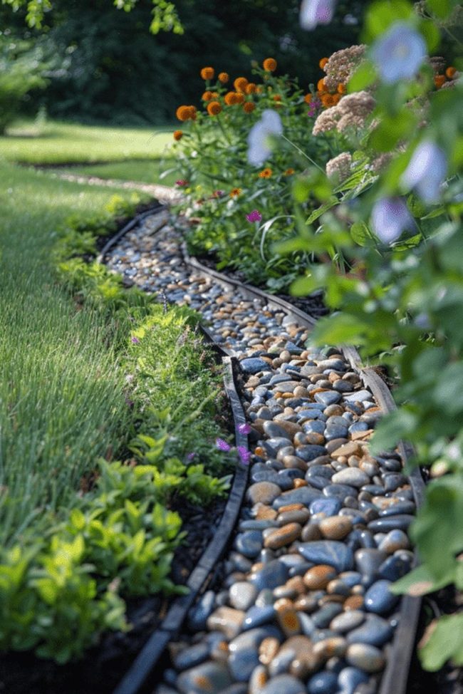 Orange Flowers Frame Curved Stone Path