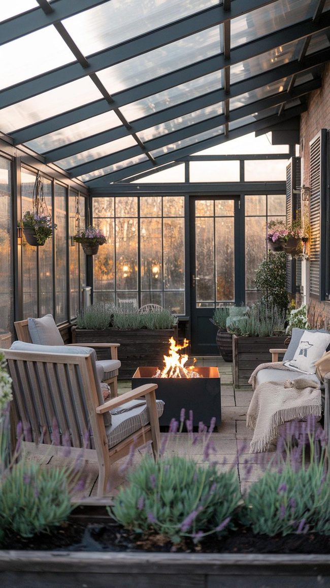 Glass-Roofed Veranda With Firepit Warmth