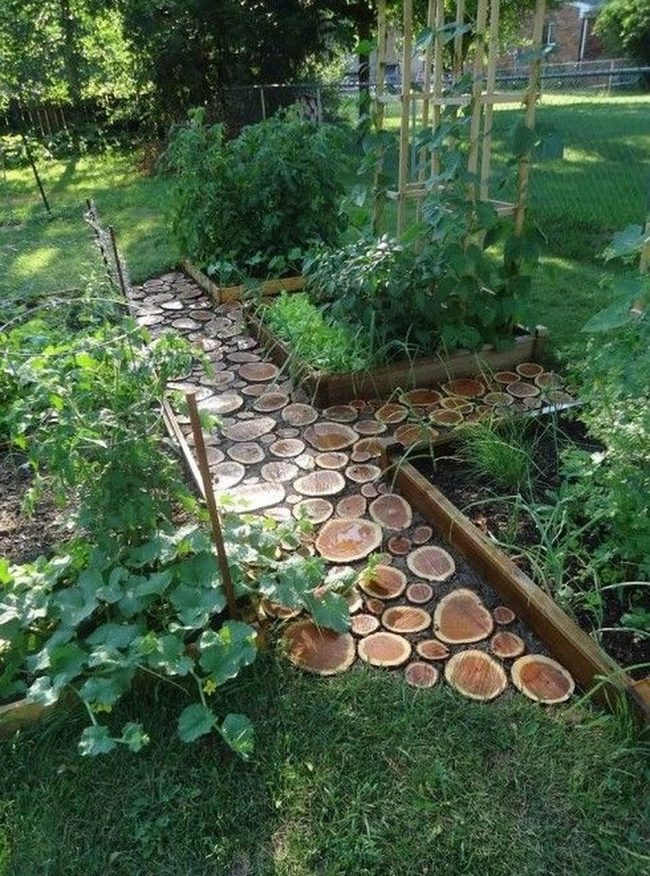 Natural Wood Path Through Green Garden