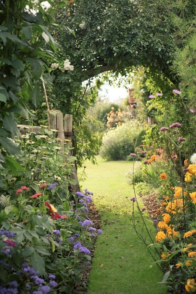 Wooden Gate Blooming Garden Pathway